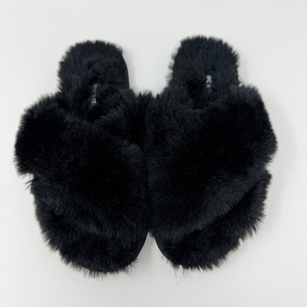 Nine West Women's Large Black‎ Faux Fur Slide Slippers Cozy Comfort
